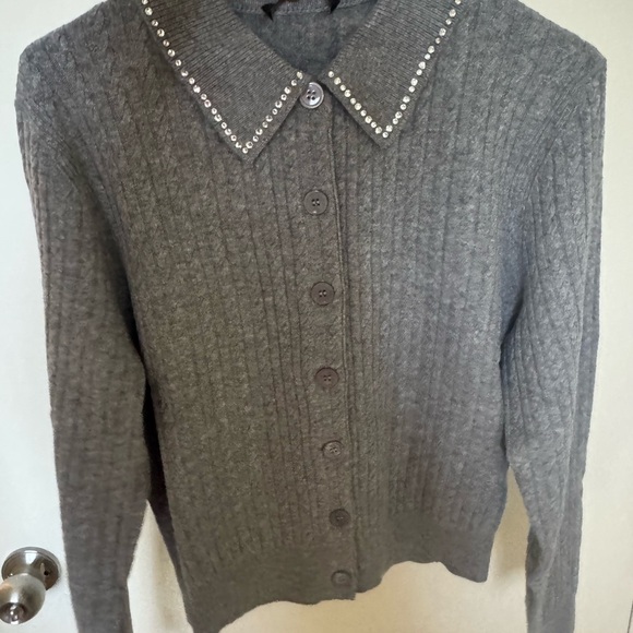Maje Gray Cardigan with Embellished Collar - Picture 1 of 5